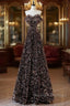 Off Shoulder A-Line Coffee Gold Sequin Long Prom Dresses Coffee Gold Prom Dresses