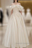 Off Shoulder A-Line Satin Beige Long Prom Dress, Beige Long Formal Dress