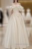 Off Shoulder A-Line Satin Beige Long Prom Dresses Beige Long Prom Dresses