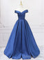 Off Shoulder Blue Satin A Line Floor Length Prom Dress, Blue Simple Formal Dress