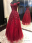 Off Shoulder Burgundy Lace Long Prom Dresses, Off the Shoulder Burgundy Formal Dresses, Burgundy Prom Dresses