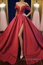 Off Shoulder Burgundy Satin Long Prom Dress, V Neck Burgundy Formal Evening Dress, Burgundy Ball Gown