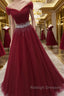Off Shoulder Burgundy Tulle Long Prom Dresses with Sequins, Burgundy Tulle Formal Evening Dresses