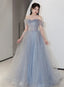 Off Shoulder Light Blue Tulle Long Party Dress, Shiny Tulle A-Line Prom Dress