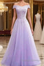 Off Shoulder Light Purple Lace Long Prom Dress, Off the Shoulder Lilac Lace Formal Dress, Purple Evening Dress
