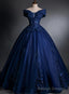 Off Shoulder Navy Blue Long Sweet 16 Gown Blue Tulle with Lace Prom Dress prom dresses shops