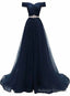 Off Shoulder Navy Blue Prom Dress, A Line Tulle Blue Bridesmaid Dress