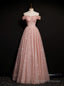 Off Shoulder Pink Tulle Long A Line Prom Dress with Beadings, Pink Long Prom Dress