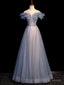 Off Shoulder Puffy Sleeves Beaded Prom Dress, Blue Prom Gowns
