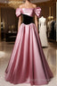 Off Shoulder Satin Scoop A-Line Long Prom Dresses Pink And Black Prom Dresseses