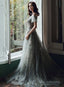 Off Shoulder Sweetheart A-Line Green Long Prom Dresses Tulle With Lace Prom Dresses