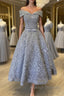 Off Shoulder Tea Length Gray Lace Prom Dresses, Off the Shoulder Gray Homecoming Dresses, Gray Lace Formal Evening Dresses