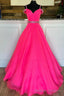 Off Shoulder Tulle Beaded Long Formal Dress, Hot Pink Prom Prom Dress