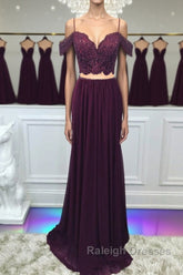 Off Shoulder Two Pieces Purple Lace Long Prom Dress, 2 Pieces Purple Formal Dress, Purple Lace Evening Dress