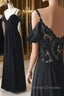 Off Shoulder V Neck Black Lace Long Prom Dress, Off Shoulder Black Formal Dress, Black Lace Evening Dress
