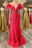 Off Shoulder V Neck Mermaid Red Lace Long Prom Dress with High Slit, Mermaid Red Formal Dress, Red Lace Evening Dress