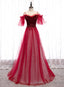 Off Shoulder Wine Red Velvet and Tulle Prom Dress, A Line Tulle Floor Length Prom Dress