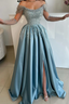 Off The Shoudler Pearls Dusty Blue A-Line Floor Length Prom Dresses