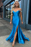 Off the Shoulder Beaded Blue Mermaid Prom Dress with Slit