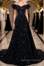 Off the Shoulder Black Sequin Prom Dress Black Long Prom Dress