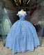 Off the shoulder blue ball Gowns , sparkly prom dress with flowers