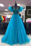 Off the Shoulder Blue Beaded Long Prom Dresses, Blue Beaded Long Formal Prom Dresses