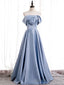 Off the Shoulder Blue Satin Long Prom Dresses, Off Shoulder Blue Formal Prom Dresses