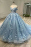 Luxury Blue Strapless Formal Dress Applique Quinceanera Ball Gown
