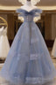 Off The Shoulder Blue Tulle A-Line Long Prom Dresses