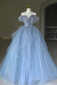 Off the Shoulder Blue Tulle Long Prom Dresses, Off Shoulder Blue Long Formal Prom Dresses