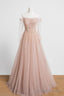 Off the Shoulder Champagne Tulle Long Prom Dresses, Champagne Beaded Tulle Formal Prom Dresses