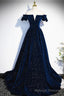 Off the Shoulder Dark Navy Blue Long Prom Dresses, Dark Navy Blue Long Formal Prom Dresses