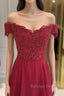 Off The Shoulder Floor Length Burgundy Lace Prom Dresses, Burgundy Off Shoulder Lace Bridesmaid Dresses