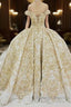 Off the shoulder Golden Lace Appliques Prom Ball Gown Wedding Dresses
