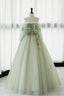 Off the Shoulder Green Lace Floral Prom Dresses, Green Tulle Floral Long Formal Prom Dresses