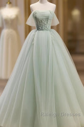 Off The Shoulder Green Tulle Long Prom Dresses, Green Long Formal Evening Dresses