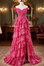 Off The Shoulder Hot Pink Sequin Tiered Prom Dress With Slit