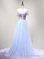 Off the Shoulder Light Blue Floral Long Prom Dresses, Off Shoulder Light Blue Formal Prom Dresses