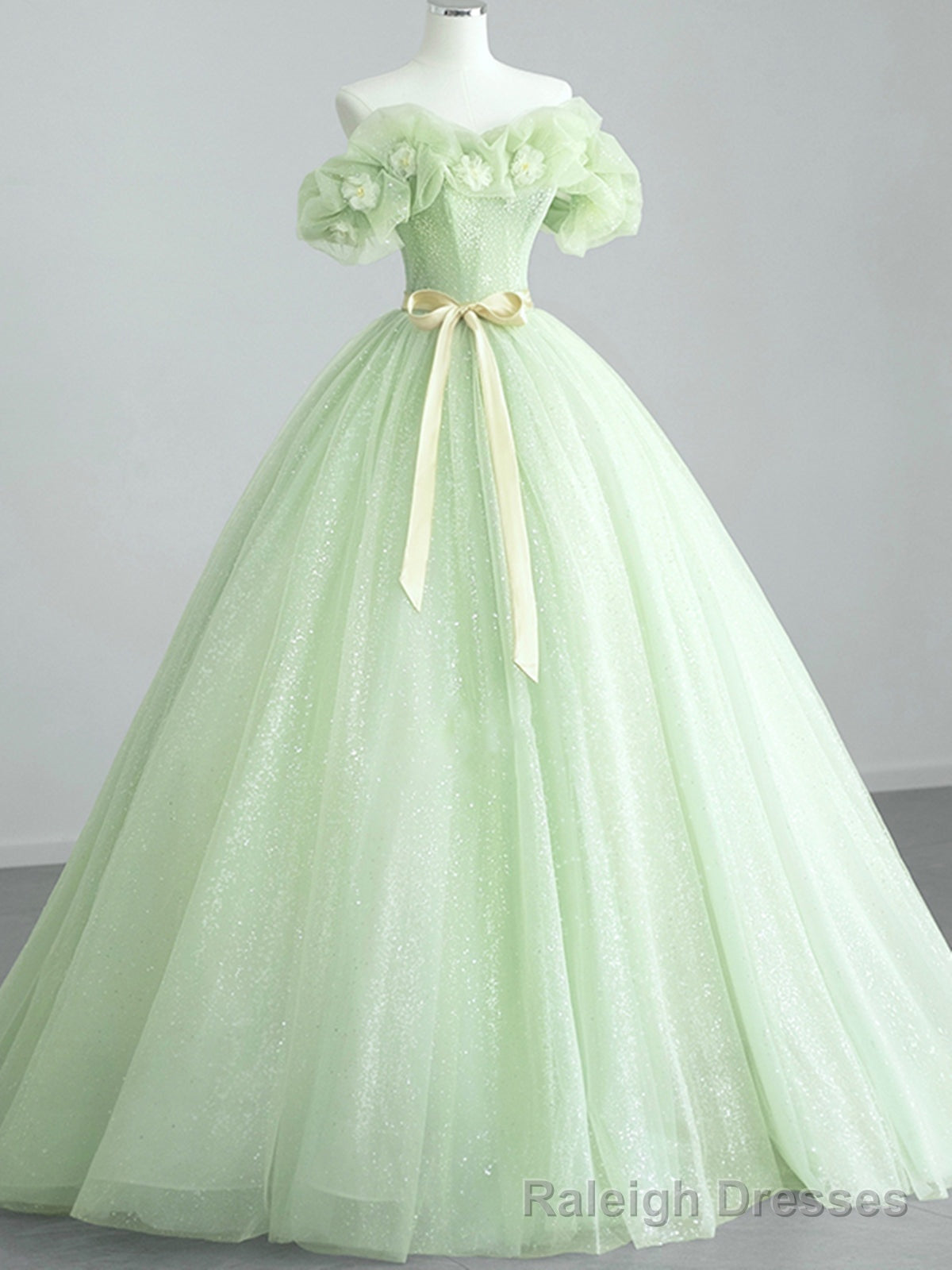 Off the Shoulder Light Green Floral Prom Dresses, Green Floral Formal
