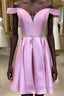 Off the Shoulder Pink Satin Short Prom Homecoming Dress with Belt, Off Shoulder Pink Formal Graduation Evening Dress