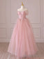 Off the Shoulder Pink Tulle Long Prom Dresses, Pink Tulle Long Formal Prom Dresses