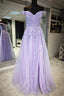 Off the Shoulder Purple Lace Prom Dresses, Purple Long Lace Formal Prom Dresses
