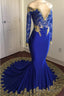 Off-the-Shoulder Royal Blue Prom Dresses Gold Lace Appliques Chic Prom Dress with Sleeve
