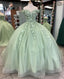 Off The Shoulder Sage Green Ball Gowns With Flowers Sweet 16 Dress Quinceanera