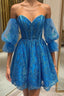 Off the Shoulder Short Blue Lace Prom Dresses, Short Blue Lace Formal Homecoming Dresses