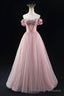 Off the Shoulder Sweetheart Beaded Tulle Long Prom Dress, A Line Pink Prom Dress