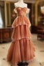 Off The Shoulder Tulle Tiered Long Prom Dresses A Line Prom Gown