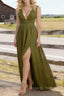 Olive Green V Neck Chiffon Floor Length Bridesmaid Dress Long Bridesmaid Dresses With Pleated Split