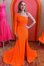 One Shouder Long Sleeves Sequins Mermaid Prom Dress with Slit