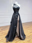 One Shoulder Black Lace Floral Prom Dress Long With High Slit Black Prom Graduation Prom Dress With 3D Flowers